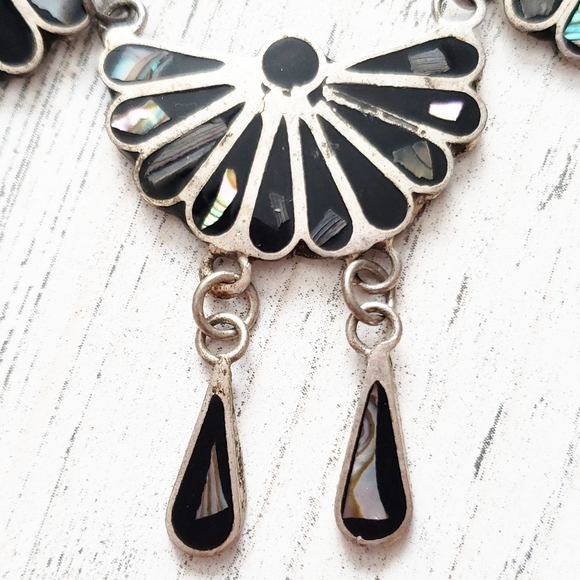 Mexico Sterling Black Onyx, MOP, Abalone Necklace. - Picture 11 of 16